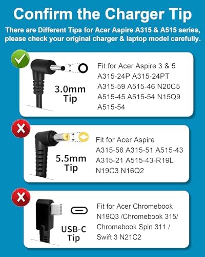 Replacement for Acer Laptop Charger Aspire 3 Aspire 5 Series A315 A515 A315-24P A315-24PT A315-59 A515-46 A515-45 A515-54 N20C5 N15Q9 A315-24P-R7VH AG15-31P-3947