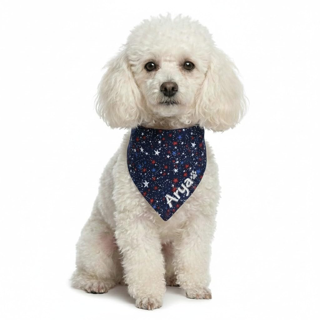 Personalized Dog-Flag-4th of July-Red/Patriotic Personalized Dog Bandana, Triangle Bibs Kerchief, Stars Stripes Dog Bandana/American Flag USA/in Loving Memory (Navy with White/red Stars)