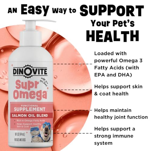 Dinovite SuprOmega Wild Caught Salmon Oil for Dogs & Cats - GMO Free Omega 3 Skin & Coat Supplement - Skin & Coat Meal Topper for Dogs & Cats - 16 oz