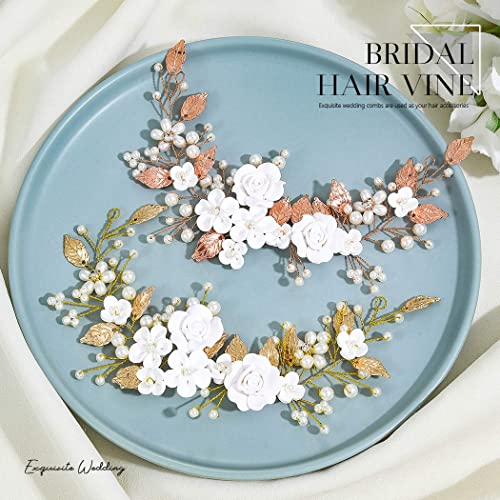 CASDRE Flower Bride Wedding Hair Vine Pearl Bridal Headpiece Leaf Hair Accessories Hair Piece for Women and Girls (B Gold)