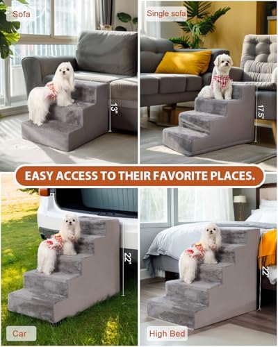 Dog Stairs for Small Dogs,17.5" 4-Step Pet Stairs for High Beds and Couches,Dog Steps with Non-Slip Bottom and High-Density Foam Indoor Outdoor,Grey