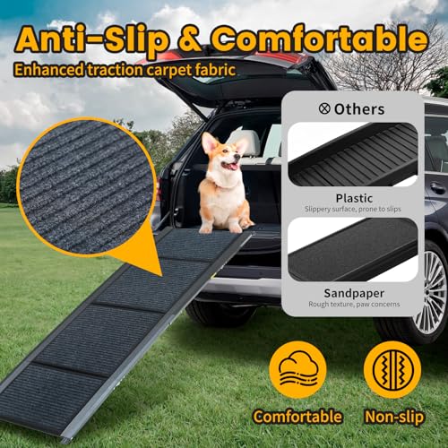 PawStep 63” x 17” Foldable Aluminum Dog Ramp – 63-Inch Length for Standard Cars & SUVs, 250 lb Capacity, Lightweight Four-Fold Portable Pet Ramp