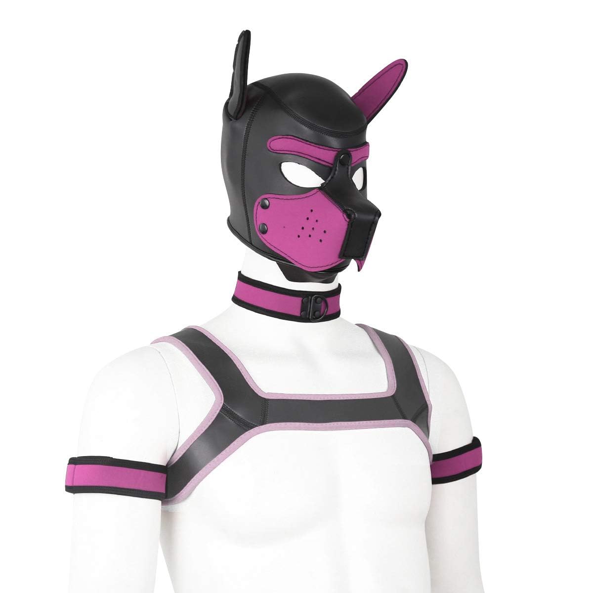 CelILucky Adults Neoprene Puppy Hood Custom Animal HeadMask Novelty Costume Dog Hood Mask,Collar,Armband andHarness Set (Pink)