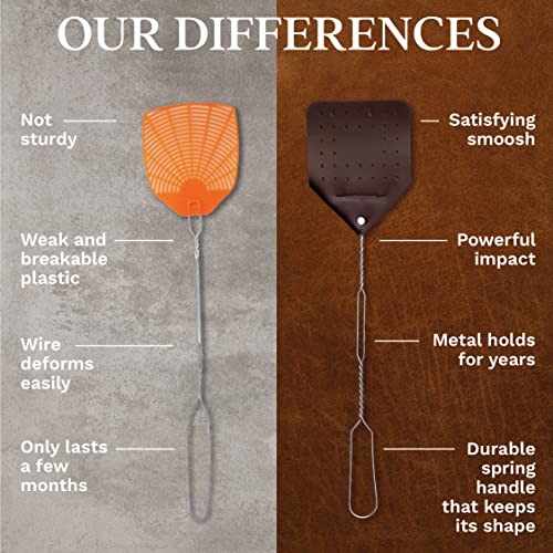Hope Woodworking Leather Fly Swatter Set (2 Pack) – 17” Amish-Made Fly Swat w/Real Leather Paddle – Fly Swatters Multi Pack w/Metal Handle – Bug Swatter, Mosquito Swatter, Wasp Swatter (Chocolate)