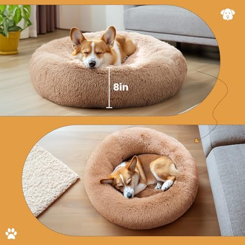 DUMOS Calming Donut Cat & Dog Bed for Medium Dogs, Machine Washable Cuddle Warming Cozy Fluffy Faux Fur Plush Round Dog Bed, Anti-Anxiety Waterproof Anti-Slip Pet Bed, Brown, 24×24×8 Inches