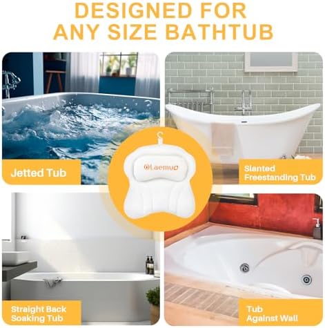 Bath Pillow Luxury Bathtub Pillow, Comfortable Bath Tub Pillows for Tub Head Neck Back Support, Shower Pillows for Tub, Bath Tub Pillow Headrest with Strong Suction Cups, Spa Accessories-White