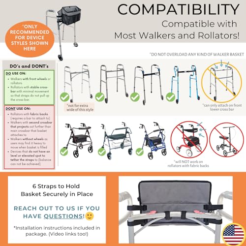 Walker Basket for Folding Walker, Walker Tray for Walker Bag for Walker Grabber Strap f/Walker Bag for Walkers Basket for Walker Bags for Folding Walker with Wheels Walker Accessories for Walker-GRAY
