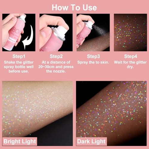 Boko Body Glitter Spray, 60ML Holographic Silver Glitter Spray for Body Hair Clothes, Quick-Drying and Long-Lasting Glitter Hairspray Body Shiny Spray for Mardi Gras Concert Party Rave Accessories