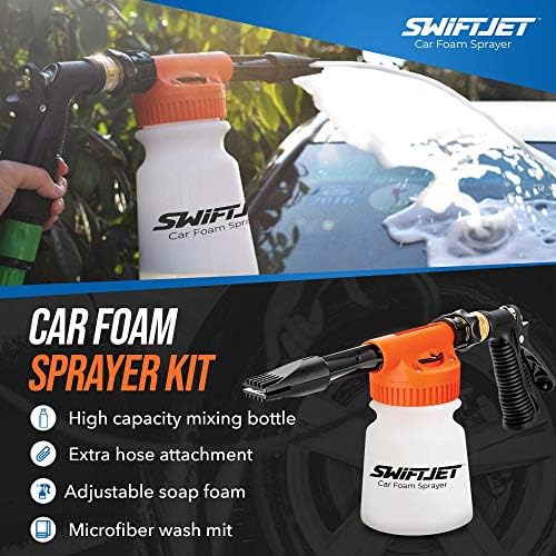 SwiftJet Car Wash Foam Gun + Microfiber Wash Mitt - Car Foam Sprayer - Car Wash Kit - Foam Cannon Garden Hose Sprayer - - Car Accessories for Men - Snow Foam Blaster (Orange Foam Gun with Mitt)