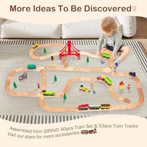 Wooden Train Track Set 53pcs, Wood Train Tracks Accessories Expansion Pack fits Melissa and Doug, fits Brio, fits Thomas, Montessori Toys, Birthday Gift for Boys Girls Toddler Kids (Train Track)