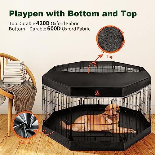 PJYuCien Dog Playpen - Metal Foldable Dog Exercise Pen, Pet Fence Puppy Crate Kennel Indoor Outdoor with 8 Panels 30”H & Top Cover and Bottom Pad for Small Medium Pets