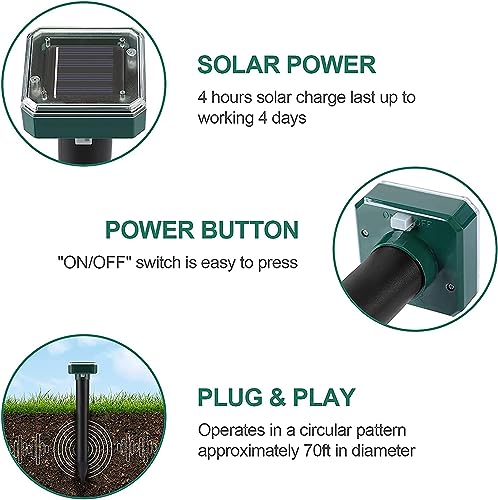 CherryPig Solar Mole Repellent, Ultrasonic Mole Repellent Solar Powered,Outdoor Waterproof Ultrasonic Snake Repellent for Get Rid of Mole, Gopher, Snakes, Vole and Other Underground Pests(4 Pack)