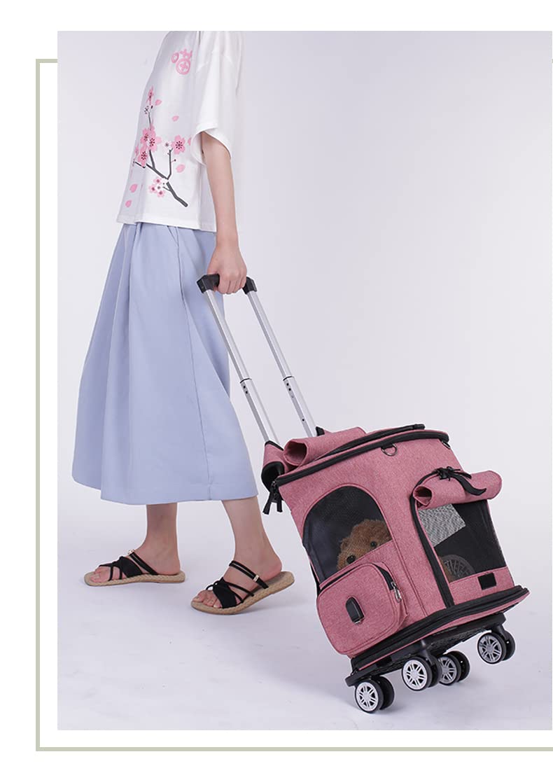 Falytemow Cat Carrier Backpack with Wheels Puppy Carrying Bag with Breathable Mesh and Fan Collapsible Pet Cages on Rolling Trolley with Removable Base and Telescopic Handle for Small Pets Under 18lb