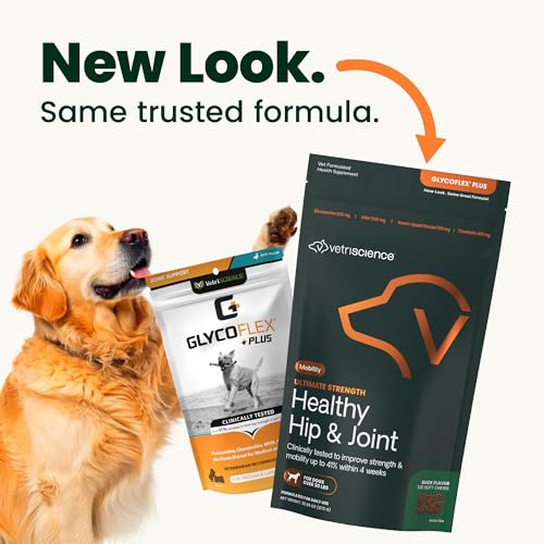 VetriScience Ultimate Strength Healthy Hip & Joint Chews, GlycoFlex Glucosamine, Chondroitin and Green-Lipped Mussel Joint Support Supplement for Dogs, Soothe Joint Discomfort, Duck, 120 Count