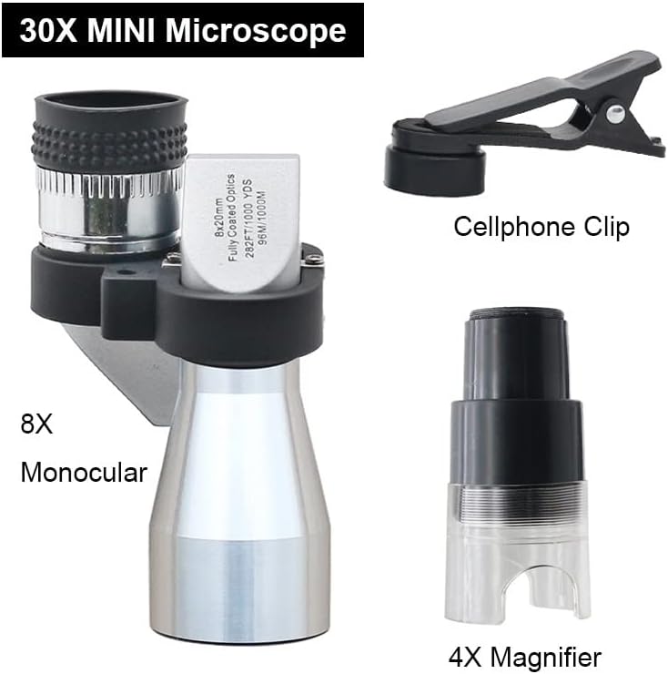 Microscope Accessories Kit - 8X Pocket Monocular Telescope & 30X Mini Metal Silver Microscope