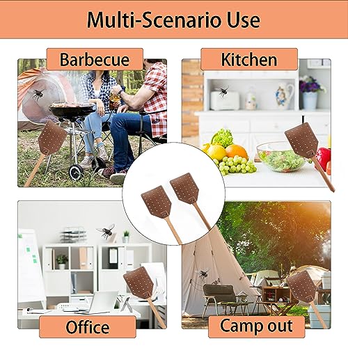 DEBETOOL Fly Swatter Set - 2 Pack Wooden Leather Fly Swatter with Hanging Rope, Heavy Duty Fly Swatter for Indoors and Outdoors (2 Brown)