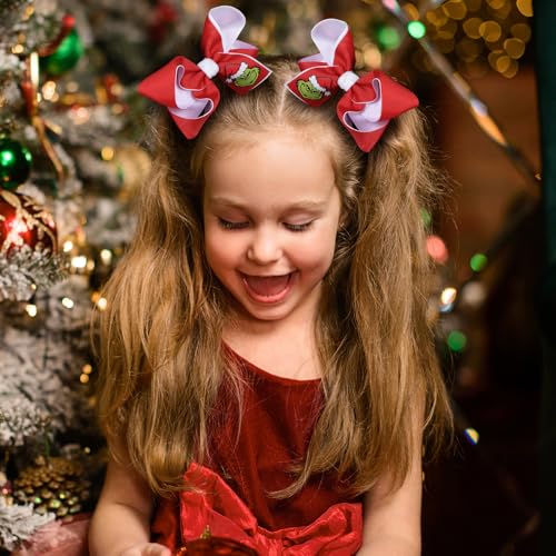 2pack Christmas Green Hair Bow Clips Red Hair Ribbon Barrettes Alligator Hairpin 4.3" for Women Girls Kids Xmas Holiday Dress up Party Costume Decorations Accessories Gift