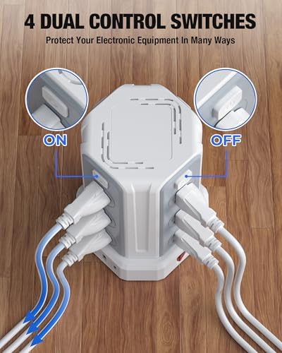 Power Strip Surge Protector, 10 Ft Extension Cord with 12 AC Multiple Outlets 4 USB (1 USB C), SMALLRT Power Tower Desktop Charging Station, Home Dorm Room Office Essentials, Desk Accessories White
