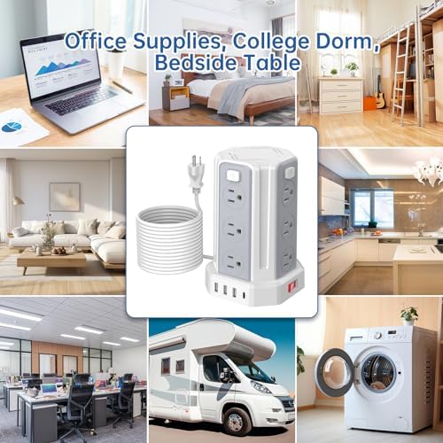 Power Strip Surge Protector, 10 Ft Extension Cord with 12 AC Multiple Outlets 4 USB (1 USB C), SMALLRT Power Tower Desktop Charging Station, Home Dorm Room Office Essentials, Desk Accessories White