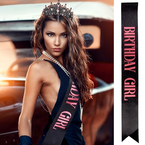 Velscrun Pink-Black Crystal Birthday Tiara Crowns for Women Girls Elegant Princess Crown with Combs Birthday Girl Headband Sash Happy Birthday Party Decorations Birthday Gift Hair Accessories