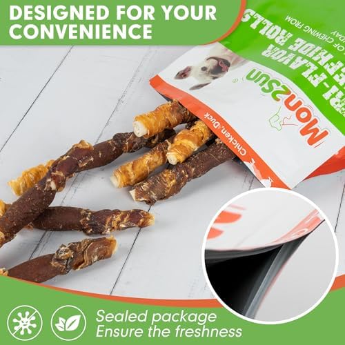 MON2SUN Dog Treats, Triple Flavor 5 Inch Chicken Liver Duck and Chicken Wrapped Rawhide Snacks for Small and Medium Dogs, 10.58 Oz (15 Count-Pack of 1)