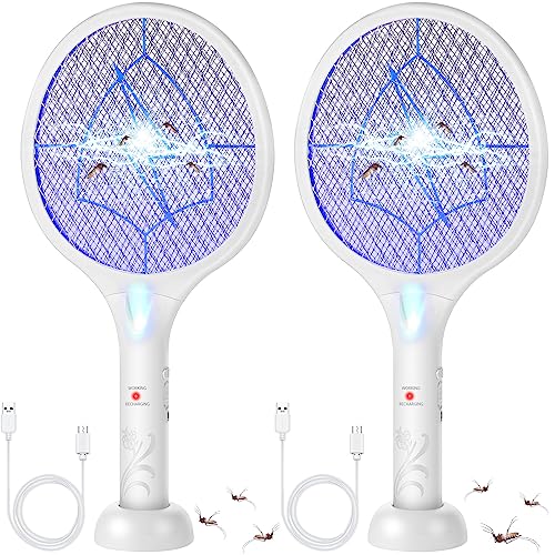 Qualirey Electric Fly Swatter 2 in 1 Rechargeable Mosquito Swatters UV Light Bug Zapper Racket Fly Mosquito Zapper Insect Control for Home Bedroom Kitchen Office Backyard Patio Indoor Outdoor (2 Pcs)
