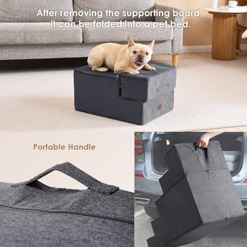 EHEYCIGA Dog Stairs for Small Dogs 16.5”H, 3-Step Extra Wide Dog Steps for Couch Sofa and Chair, Pet Steps for Small Dogs and Cats, Non-Slip Balanced Pet Ramp, Grey