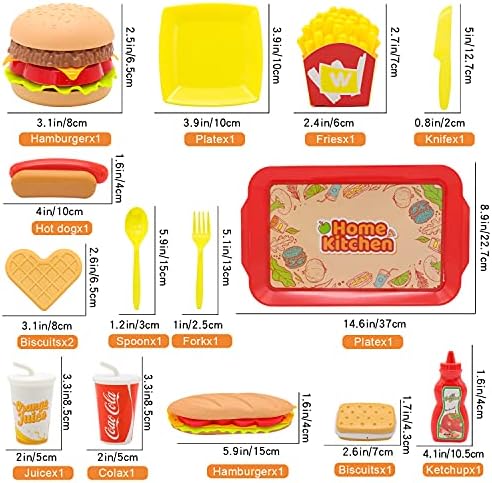 Pretend Play Food Set for Children,Removable Fast Food Playset with Tray Hamburger Hotdog Fries Combo,Play Kitchen Accessories Role Play Toys,Christmas Birthday Gift for Kids Boys Girls(15PCS)