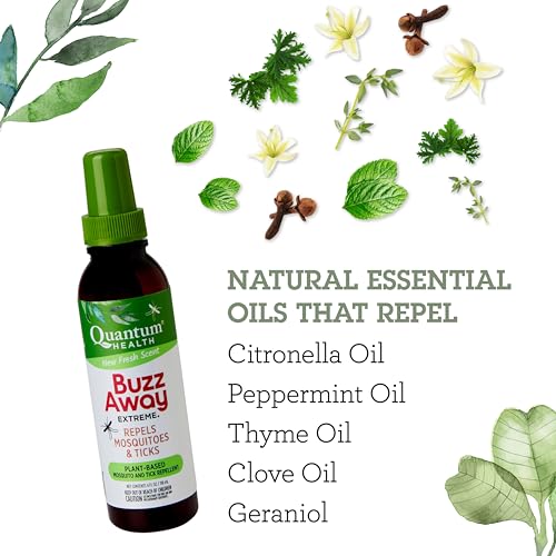 Quantum Health Buzz Away Extreme Tick & Mosquito Repellent DEET Free Peppermint & Citronella Oil Outdoor Bug Spray Powerful Plants Repel Bugs Off Your Skin, Kids Safe Insect Repellent- 4 Ounce