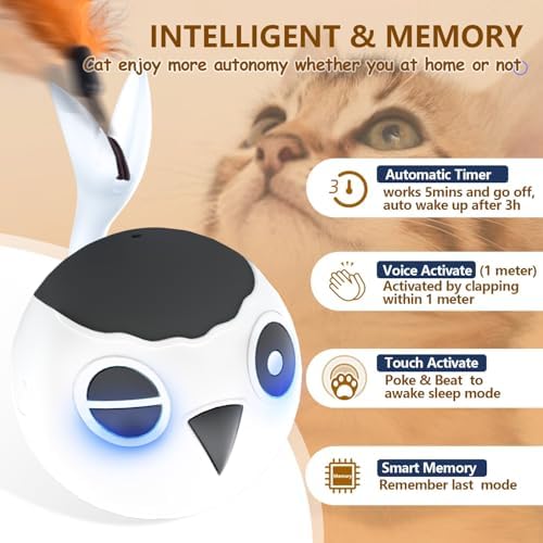 ORSDA Cat Toys, Interactive Cat Toy Ball for Indoor Bored Indoor Cats Kitten Toys, Automatic Electric Bird Moving Ball Toy, 4 Mode Touch & Sound Control Rolling Chirping Stimulating, 2 Feather Tails