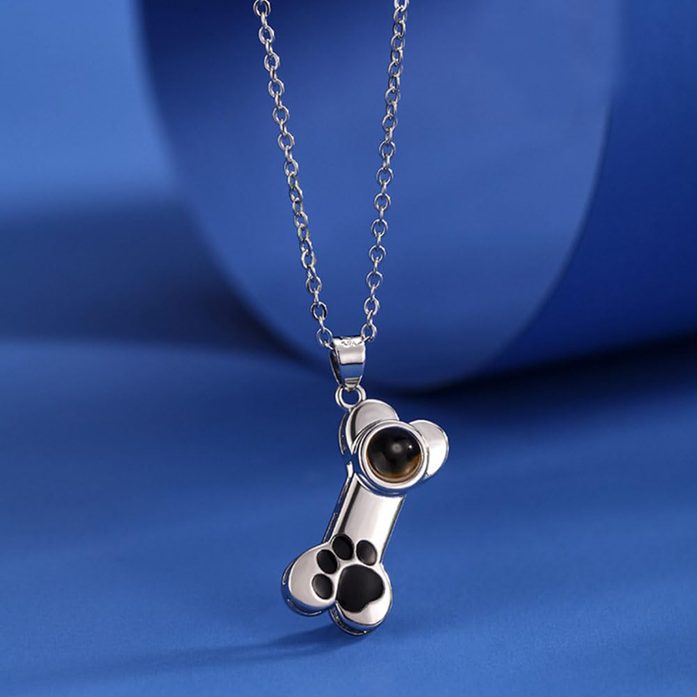 Wexibauyl Personalized Photo Necklace Custom Photo Projection Necklaces Dog Bone with Paw Print Pendant Necklace with Picture Inside Pet Dog Cat Memorial Necklace for Pet Lover Women Men