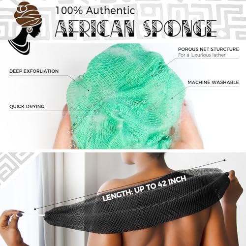 African Net Sponge Authentic - 2 Pieces Real African Loofah Shower Sponges - Body Scrubber Exfoliating Washcloth Black & Seawave - Africa Bath Sponges for Back Scrubber Shower Accessories
