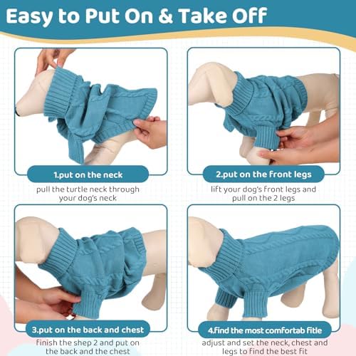 Queenmore Small Dog Pullover Sweater, Cold Weather Cable Knitwear, Classic Turtleneck Thick Warm Clothes for Chihuahua, Bulldog, Dachshund, Pug (Peacock Blue, Medium)
