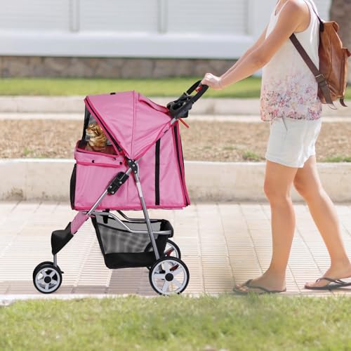 Foldable Pet Stroller for Cats and Dogs 3 Wheels Carrier Strolling Cart with Weather Cover, Storage Basket + Cup Holder (Pink)