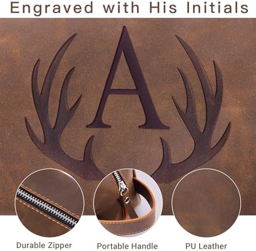 Mens Toiletry Bag Personalized Valentines Day Birthday Gifts for Men Him Initial PU Leather Waterproof Shaving Bag for Toiletries Accessories Travel Essential for Dad Husband Boyfriend (M)