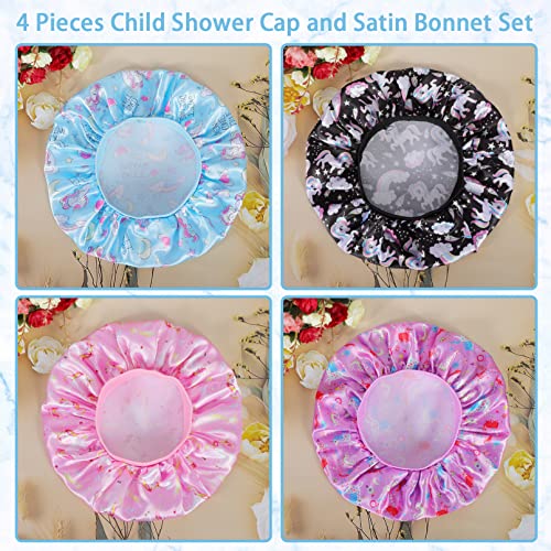 4 PCS Kids Satin Bonnet Child Sleeping Cap,Soft Silk Bonnet Elastic Wide Band,Breathable Baby Bonnets Night Sleep Caps,Colorful Night Hats for Girls Toddler Teens Natural Hair (Unicorn)