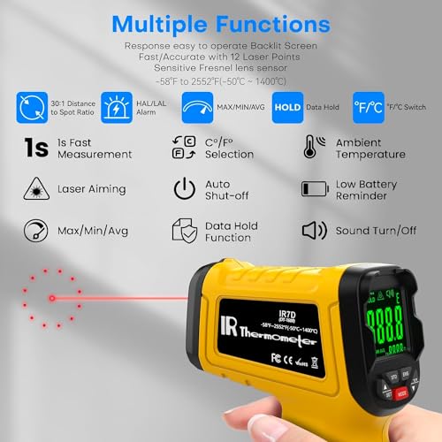 Surpeer Infrared Thermometer pyrometer Temperature Gun -50ยฐF to 2552ยฐF, 30:1 Distance Ratio, Laser IR Temp Gun for Cooking, Pizza Oven, Engine, Kilns, Forges, Industry, and Home Repair