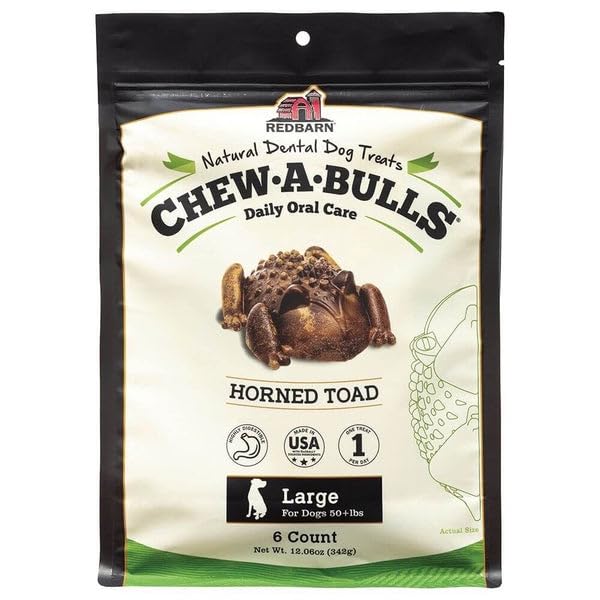 Redbarn Chew-A-Bulls, 6 Pack – Large Toad Shape Dog Dental Treats – Daily Oral Care with Fun Ridges & Grooves, All Natural Ingredients, Highly Digestible Chews & Low in Fat