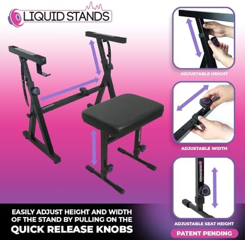 Liquid Stands Piano Keyboard Stand and Bench Set - Portable Heavy Duty Digital Piano Stand for 54-88 Key Electric Pianos & Adjustable Bench, Chair, Stool, Seat - Sturdy Keyboard Music Accessories