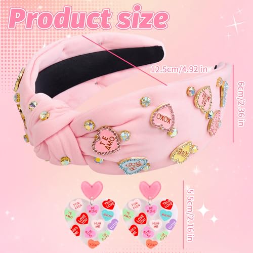 Valentine’s Day Headbands for Women, Valentines Pink Knotted Heart Headband Heart Earrings Crystal Jeweled Wide Top Knot Headband Valentine’s Day Hair Accessories Gifts