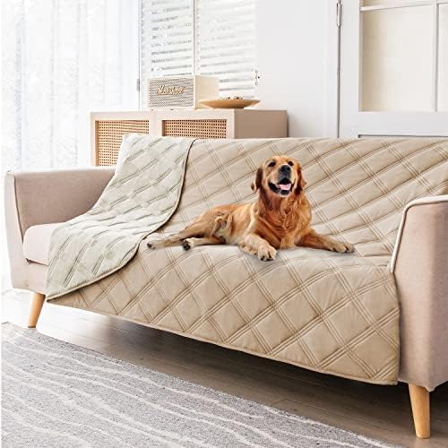 fuguitex Waterproof Dog Blanket, Pet Friendly Reversible Throw Essential for Small Dogs, Tear Resistant Leakproof Washable Couch Cushion Bed Protector Cover for Indoor Furniture(68"*82",Beige+Cream