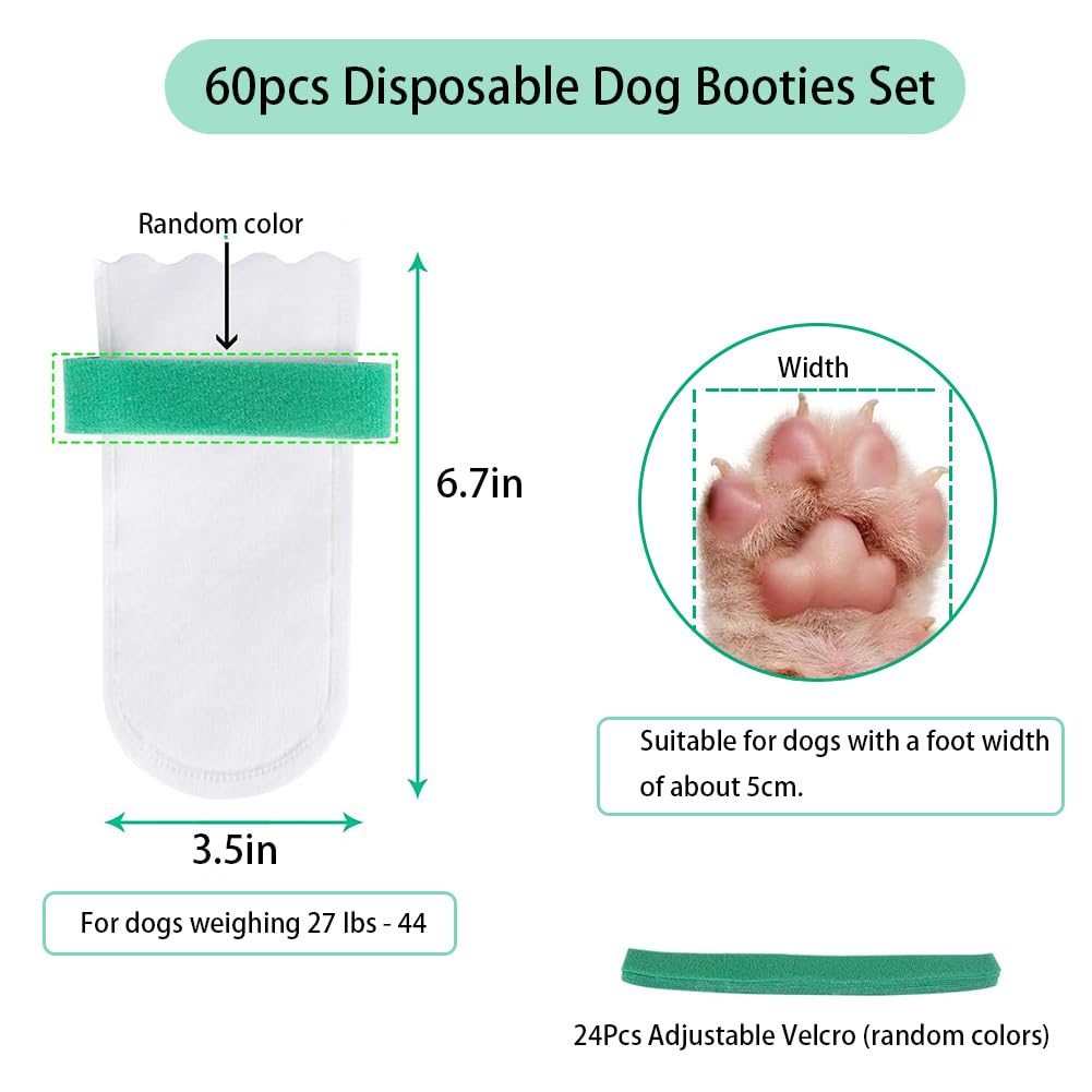 60Pcs Disposable Dog Booties for Paw Protection, 27-44lb Dog Paw Protection with 24Pcs Adjustable Velcro, Dogs Feet Covers, Dogs Disposable Foot Covers, Pet Shoes for Paw Wound Recovery Protectors