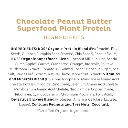 KOS Organic Plant Based Protein Powder, Chocolate Peanut Butter - Delicious Vegan Protein Powder Meal Replacement - Keto Friendly, Gluten Free, Dairy Free & Soy Free - 2.4 lbs, 28 Servings