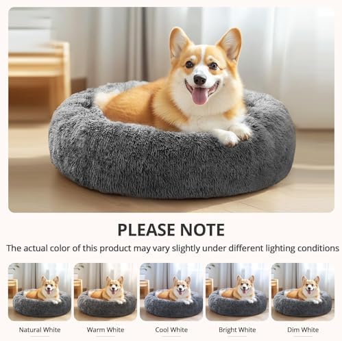 JOLLYVOGUE Medium Calming Dog Bed, Anti-Anxiety Donut Cuddler Cat Bed with Anti-Slip Bottom, Fluffy Faux Fur Machine Washable Pet Cushion for Medium Dog & Cat, 27"/Smoke Black