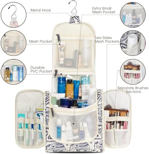Hanging Toiletry Bag for Women Travel Makeup Bag Organizer Toiletries Bag for Cosmetics Essentials Accessories (Large, Elephant)