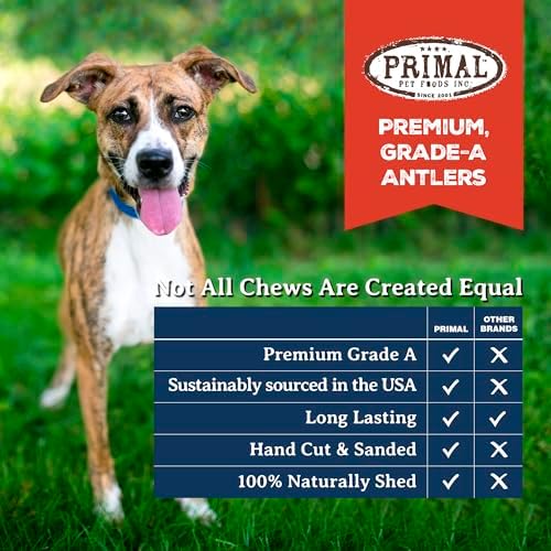 Primal Antlers for Dogs, Grade A Split Stag Antlers for Medium Canines 15-30 lb, Natural Chews for Aggressive Chewers, Naturally Shed, Long Lasting Dog Bones, 1 ct