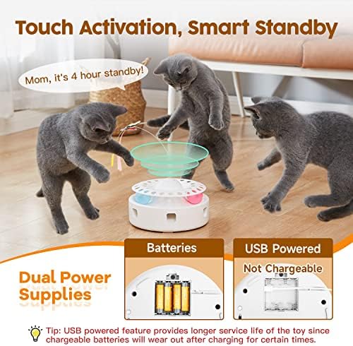 Potaroma Cat Toys 3in1 Automatic Interactive Kitten Toy, Fluttering Butterfly, Moving Ambush Feather, Track Balls, Dual Power Supplies, USB Powered, Indoor Exercise Kicker (Bright White)