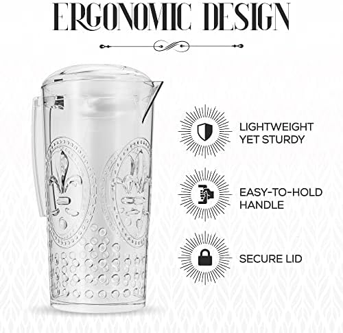 elle decor Acrylic Water Pitcher, Plastic Water Pitcher with Lid and Handle, Fridge Jug, BPA-Free, Shatter-Proof, Use for Iced Tea, Sangria, Lemonade, Juice, and Milk Beverages, 2 Liters (Clear)