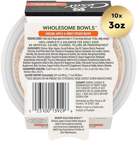 CESAR WHOLESOME BOWLS Adult Soft Wet Dog Food Chicken, Apple & Sweet Potato Recipe, (10) 3 oz. Bowls