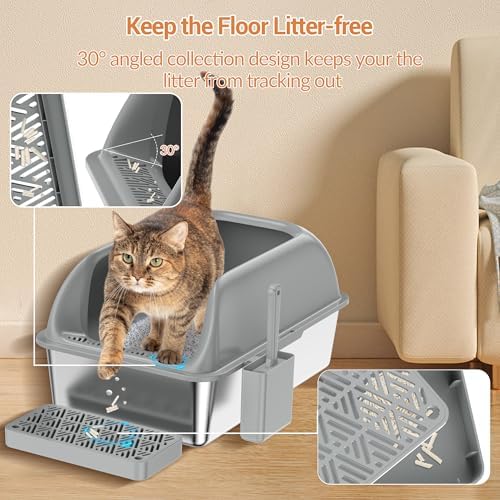 Stainless Steel Litter Box with Lid, XL Extra Large Metal Cat Litter Box for Big Cats, High Sided Design with Scoop & Pedal, Non-Stick, Anti-Leak, Easy to Clean-Light Grey